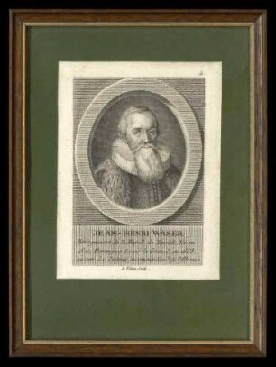 Kupferstich Jean-Henri Waser, Bürgermeister von Zürich (1601-1669), Stecher Le Vilain, 19 cm hoch x 14 cm breit, im Glasrahmen