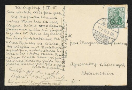 Brief von Edith Humperdinck, Engelbert Humperdinck und Hedwig Humperdinck an Margarete Hauptmann