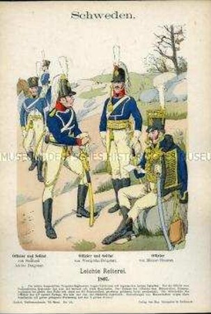 Uniformdarstellung, Offiziere und Gemeine verschiedener Dragoner-Regimenter, Offizier des Mörner Husaren-Regiments, Königreich Schweden, 1807.