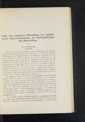 VIII. Zur operativen Behandlung der entzündlichen Adnexerkrankungen mit Berücksichtigung der Dauererfolge.