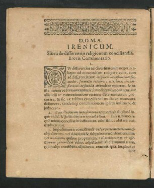 Irenicum. Siveu de differentiis religionum conciliandis, Brevis Commentatio.