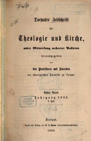 Dorpater Zeitschrift für Theologie und Kirche. 8. 1866