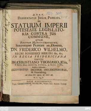 Dissertatio Juris Publici. De Statuum Imperii Potestate Legislatoria Contra Jus Commune