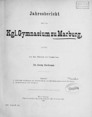 1: Baubeschreibung [des Königlichen Gymnasiums zu Marburg]