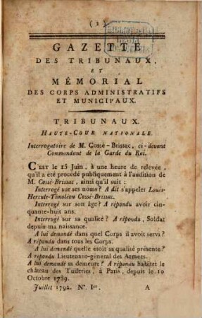 Gazette des tribunaux et mémorial des corps administratifs et municipaux. 5. 1792, 1. Juli - 14. Okt.