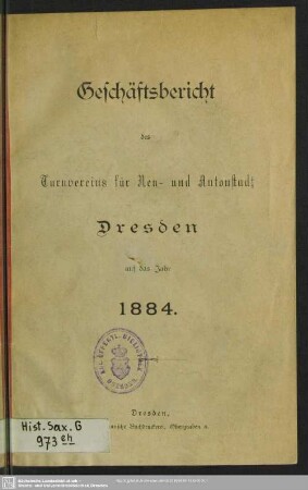 1884: Geschäftsbericht des Turnvereins für Neu- und Antonstadt-Dresden
