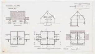Musterhäuser für Kleinsiedlungen: Doppelhaus einer Kleinsiedlung mit Vorderansicht, Seitenansicht, Querschnitt, 3 Grundrisse von Kellergeschoss, Erdgeschoss und Obergeschoss 1:100, Schnitt durch die Außenmauer 1:20