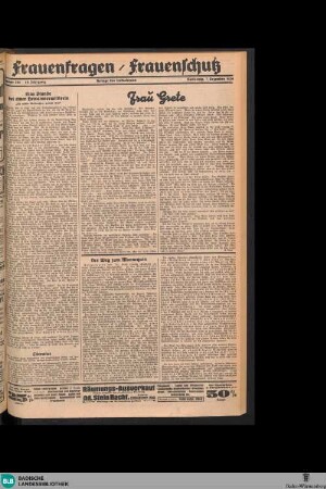 Der Volksfreund : Tageszeitung für das werktätige Volk Mittelbadens, Frauenfragen / Frauenschutz