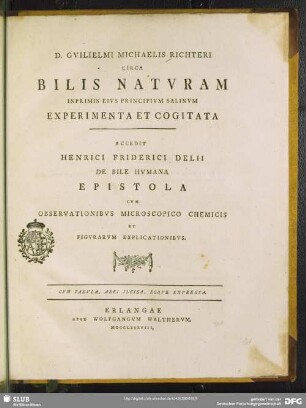 D. Gvilielmi Michaelis Richteri Circa Bilis Natvram Inprimis Eivs Principivm Salinvm Experimenta Et Cogitata