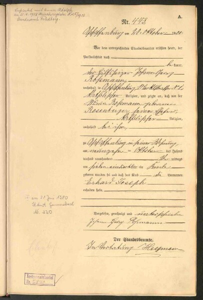 Standesamtsbuch der Stadt Aschaffenburg: Geburten 365/1900 - 184/1901