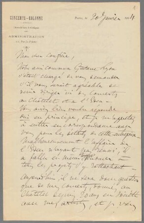 Nachlass von Felix Mottl (1856-1911) – BSB Ana 452, Colonne, Edouard. Felix Mottl (1856-1911) Nachlass: Brief von Edouard Colonne an Felix Mottl - BSB Ana 452.B. Colonne, Edouard