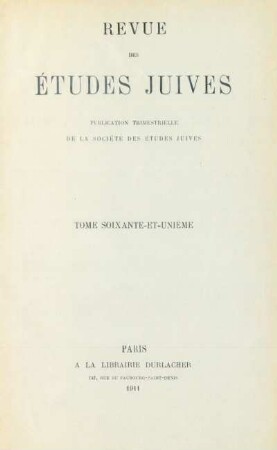 tome 61e: Revue des études juives