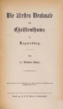 Die ältesten Denkmale des Christenthums in Regensburg