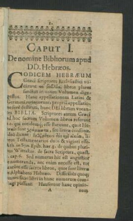 Caput I. De nomine Bibliorum apud DD. Hebraeos.