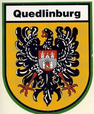 Quedlinburg - Stadtwappen : Stadtwappenaufkleber. Aufgenommen in Quedlinburg ca. 2004