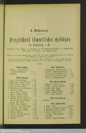 I. Abtheilung. Häuserbuch : I. Abtheilung. Verzeichniß sämmtlicher Gebäude in Oelsnitz i. V.