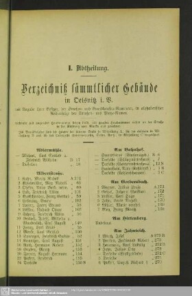 I. Abtheilung. Häuserbuch : I. Abtheilung. Verzeichniß sämmtlicher Gebäude in Oelsnitz i. V.