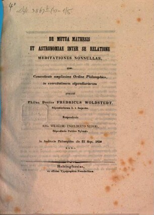 De mutua mathesis et astronomiae inter se relatione meditationes nonnullae, I
