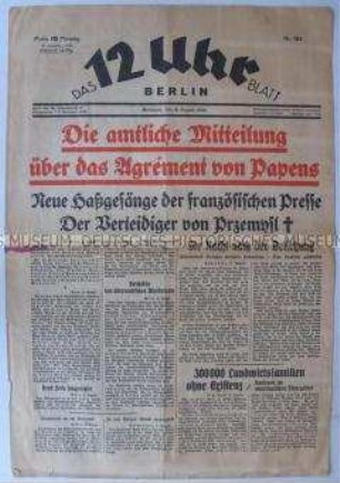 Berliner Tageszeitung "Das 12 Uhr Blatt" u.a. zum Umbenennung eines Platzes in Berlin in "Hindenburg-Platz"