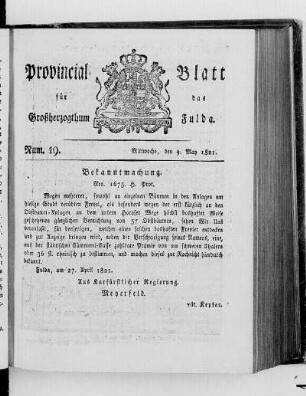 Num. 19, Ausgabe vom 9. Mai 1821