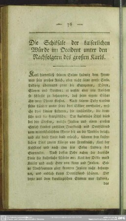Die Schiksale der kaiserlichen Würde im Occident unter den Nachfolgern des großen Karls