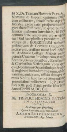 Programma X. De Triplici Hominis Patria, Coelo, Terra, Loco Natali