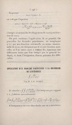 Application d'un procédé particulier a la recherche de l'intégrale.