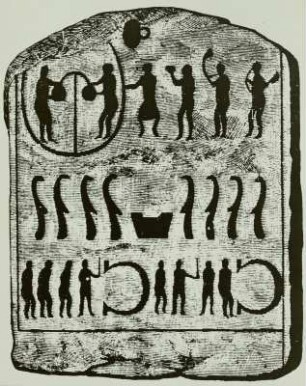 Steinplatte des sogenannten Kivik-Monuments : Steinplatte des sogenannten Kivik-Monuments auch Königsgrab. Steinkistengrab mit Darstellung einer Begräbniszeremonie. Um 1000 v. Chr., 1748 gefunden bei Kivik auf der schwedischen Halbinsel Schonen. Zeichnung nach Felsbild