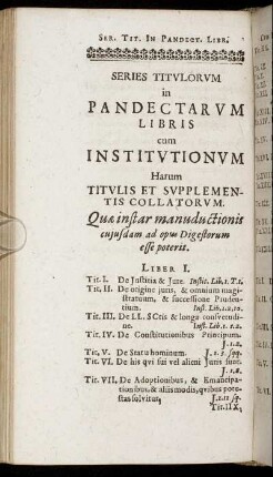 Series Titulorum In Pandectarum Libris cum Institutionum [...]