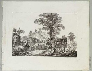 Blick vom Friedhof mit ruinöser Kapelle auf die Stadt und die Ruine der Burg Stolpen, aus den "70 Mahlerischen An- und Aussichten der Umgegend von Dresden ..." von Carl August und Ludwig Richter um 1820