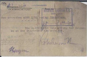 Brücke A, Siegbrücke Siegburg: Postkarte an die RSE: "Die elektrische Beleuchtung der Schranke an der Siegbrücke ist angelegt."