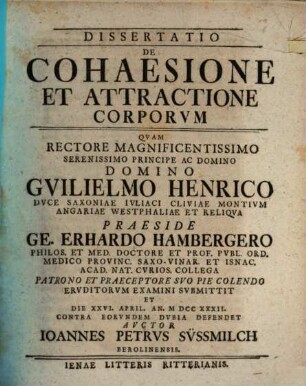 Dissertatio de cohaesione et attractione corporum