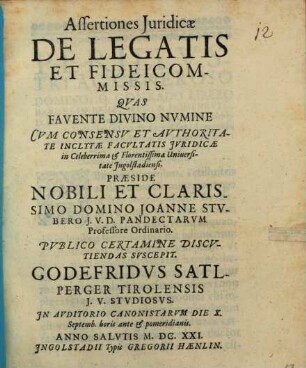 Assertiones Juridicae De Legatis Et Fideicommissis