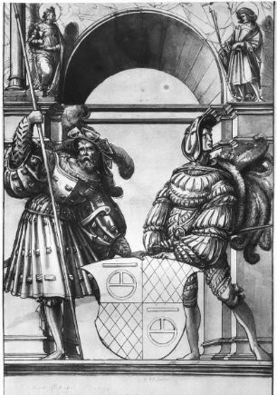 Scheibenriß mit von Landsknechten gehaltenem Wappen