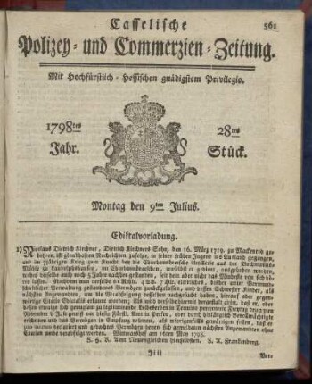 28tes Stueck, Montag den 9ten Julius 1798