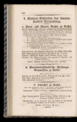 I. Central=Behoerden der inneren Landes=Verwaltung.