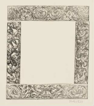 Randverzierung mit Tritonenkampf, Kindertanz, Laub und Genien, aus: "Geographia universalis, vetus et nova, complectens. Claudii Ptolemaei Alexandrini Ennarationis libros VIII, Henricus Petrus, Basel 1545", Illustrationsteil Nr. 14