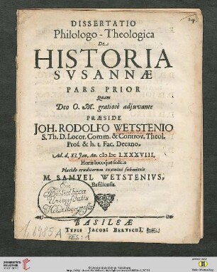 Band 1: Dissertatio Philologo-Theologica De Historia Susannae ...: ... Pars Prior