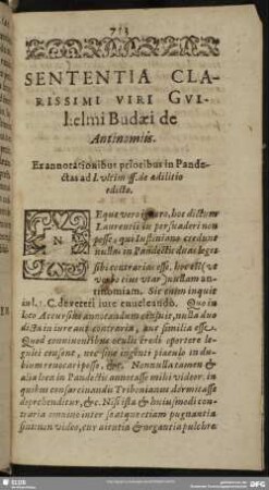Sententia Clarissimi Viri Guilielmi Budaei de Antinomiis