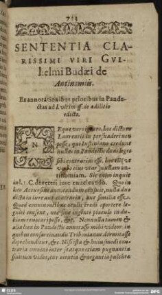 Sententia Clarissimi Viri Guilielmi Budaei de Antinomiis