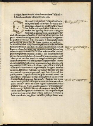 Philippi Beroaldi oratio habita in enarratione Titi Liuii ac Silii italici continens historiae laudationem.