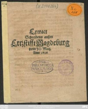 Extract Schreibens außm Ertzstifft Magdeburg vom 30 Maij. Anno 1638