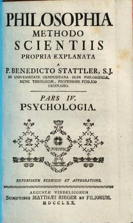 Philosophia Methodo Scientiis Propria Explanata, Pars IV.. Psychologia