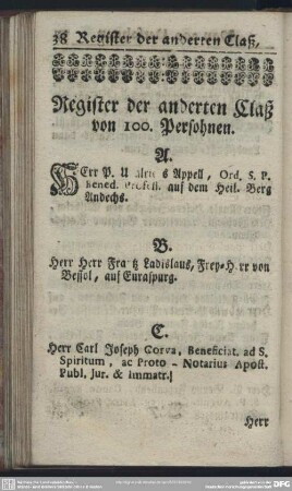 Register der anderten Claß von 100. Persohnen