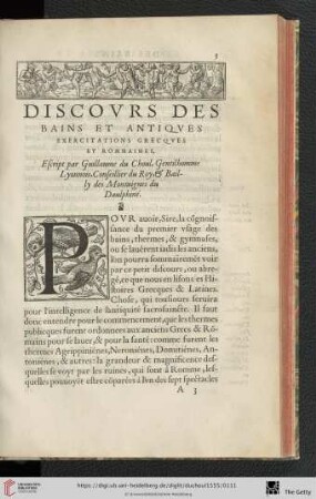 Discovrs des bains et antiqves exercitations Grecqves et Rommaines, escript par Guillaume du Choul, [...]