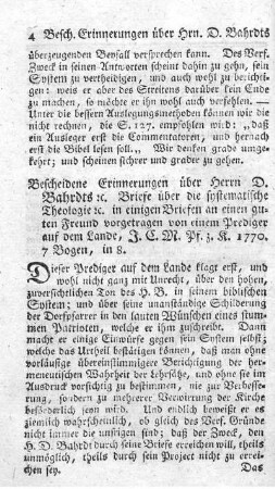 Bescheidene Erinnerungen über Herrn D. Bahrdts Briefe über die systematische Theologie.