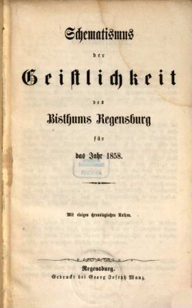Schematismus des Bistums Regensburg. 1858