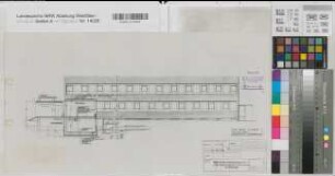Münster (Münster) Neubau des Hygienisch-Bakteriologischen Landesuntersuchungsamtes Südansicht und Querschnitt d. Verbindungsbaus 1958 1 : 100 27,5 x 52 Pause Staatshochbauamt Münster Regierung Münster Nr. 34048