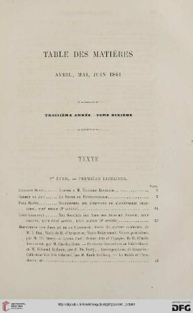 Table des matières: Avril, mai, juin 1861