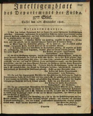 37tes Stück. Cassel den 12ten September 1808